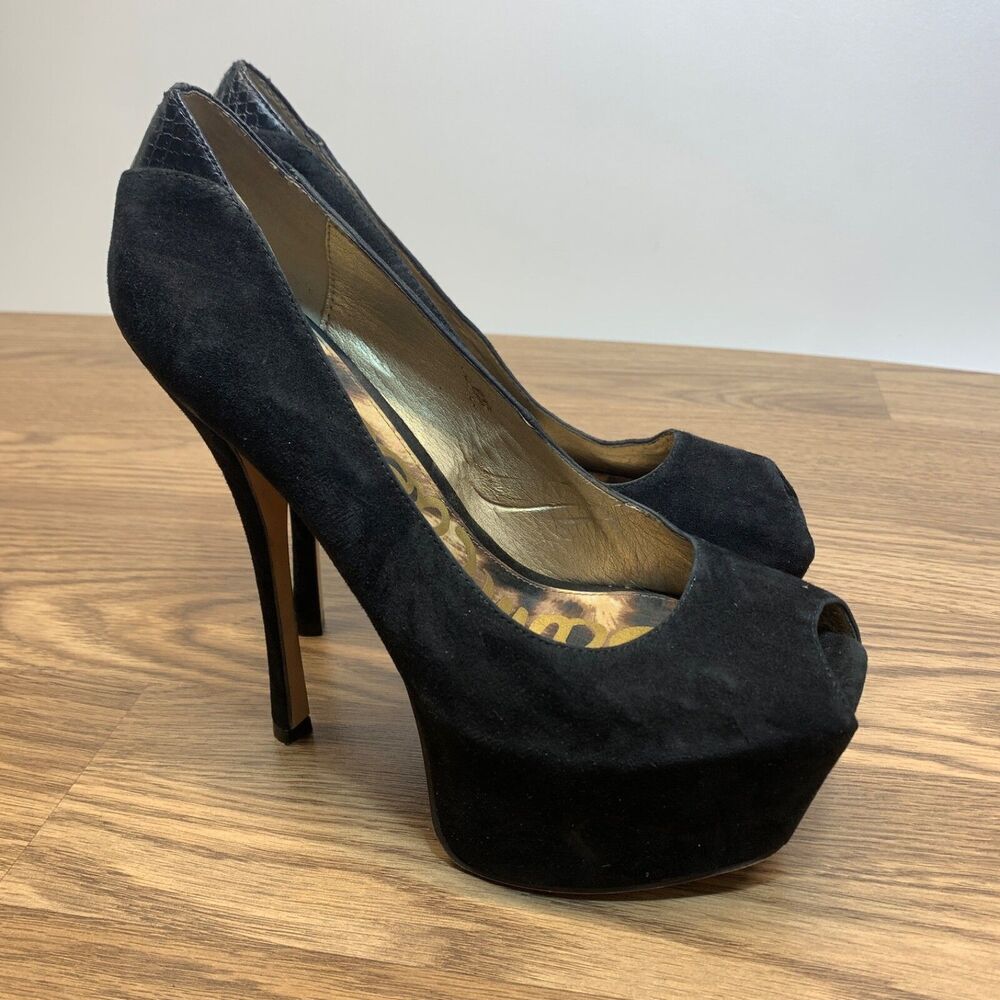Sam Edelman Alexa Platform Stilettos size 8 M Black Suede Peep Toe Heels
